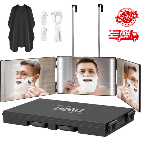 With LED Lights 3 Way Mirror for Self Hair Cutting,360 Haircuts Mirror Men Fo...