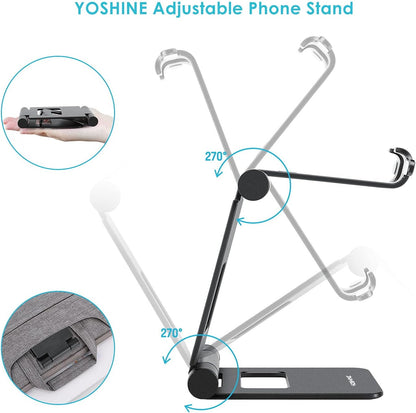 Phone Stand for Desk - Foldable Cell Phone Stand, Universal Adjustable Phone Stand, Portable Cell Phone Holder, Aluminum Desktop Phone Holder Compatible with All Smartphones - Black